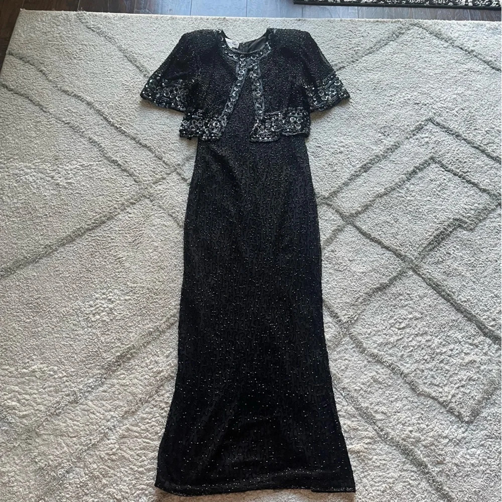 Vintage Laurence Kazar Beaded Sequin 100% Silk Gown Black Dress medium